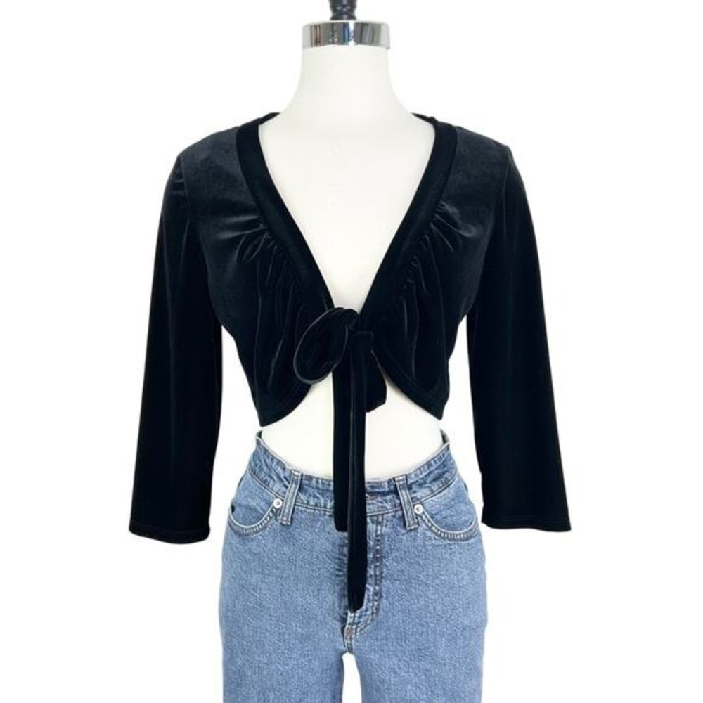 Vintage MSK Velvet Bolero Shrug Women Medium Black Tie Front Crop Cardigan Y2K